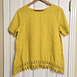 Terzo Millennio 100% Linen Top Short Sleeve Crochet Knit Trim Yellow Size Large